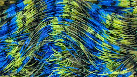 Pumpkin / Chartreuse / Deep Blue Barbed Wire Silicone Skirt Tab, Bluegill Pattern for Bass (8817-204-X001)