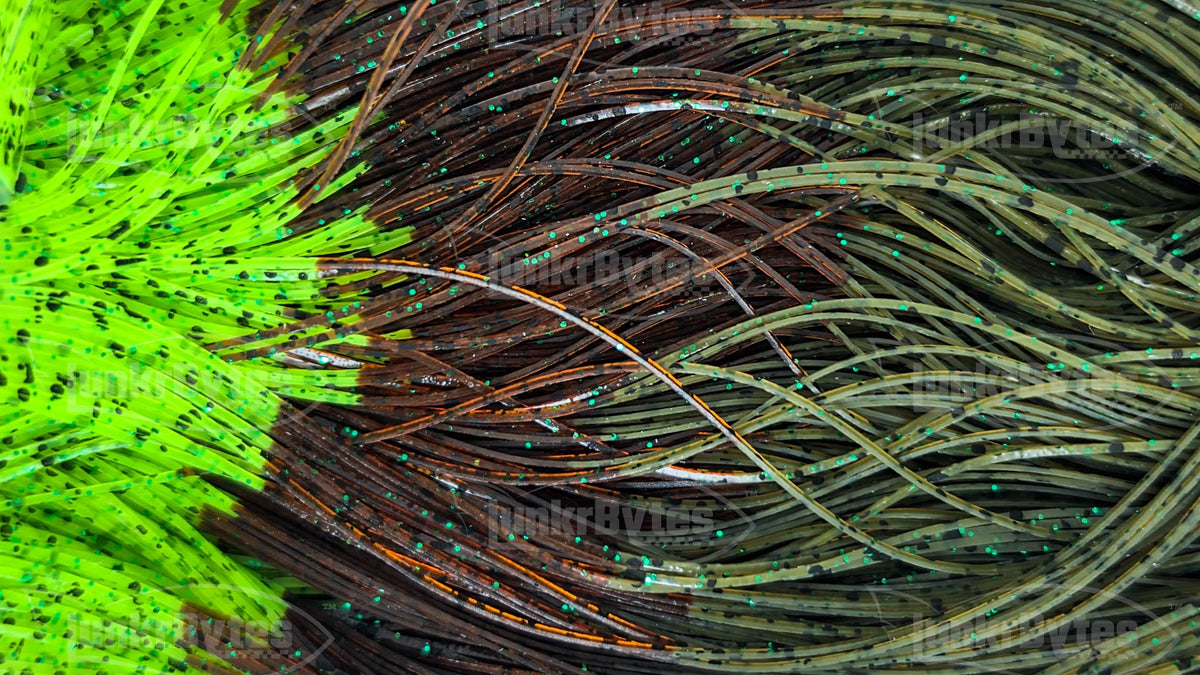 Chartreuse / Brown / Dark Watermelon Nature's Edge with Green Flake & Black Dots Silicone Skirt Tab – Bluegill Pattern for Bass (8817-X005)