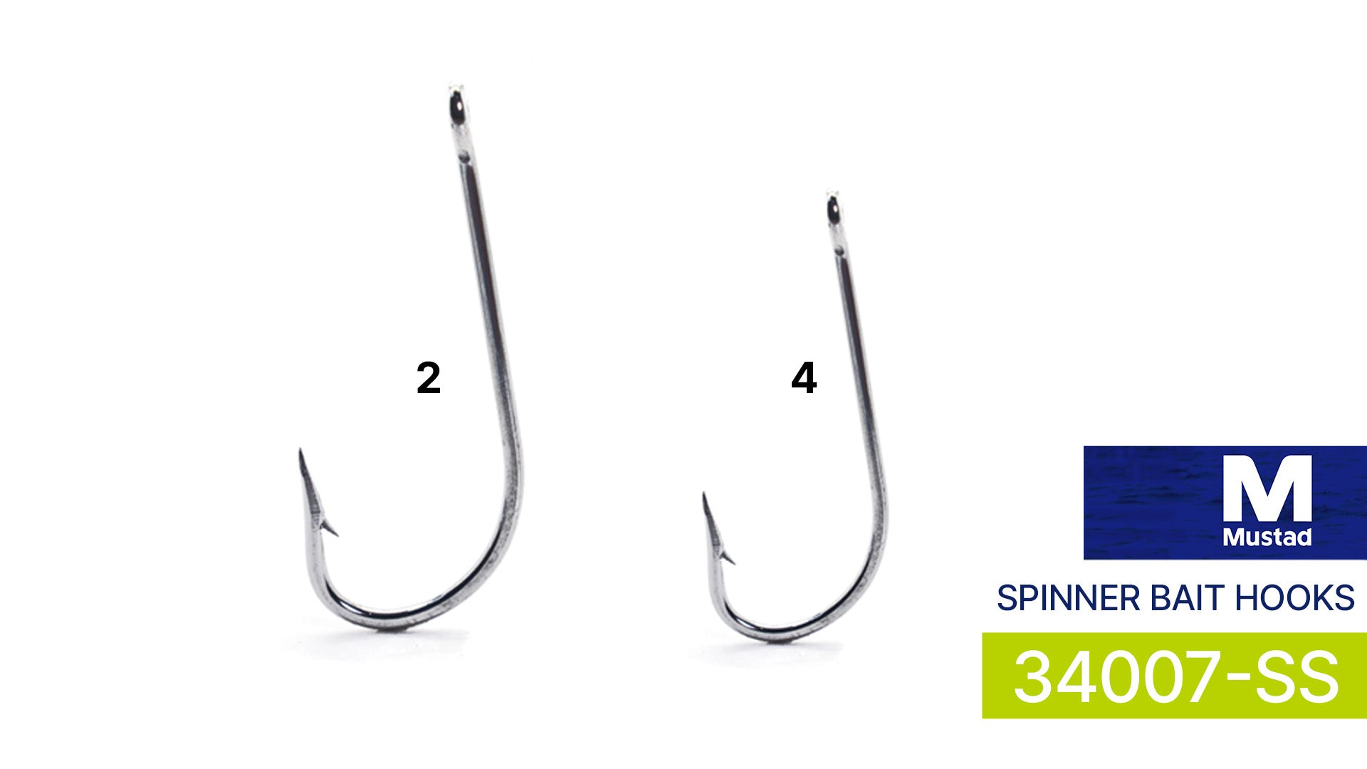 Two Mustad 34007-SS stainless steel O'Shaughnessy bait hooks on white, the larger labelled size 2 and the smaller size 4