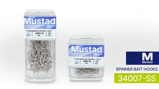 Two sealed Mustad Classic packs of 34007-SS stainless steel O'Shaughnessy hooks, size 2 and size 4, 100 pieces each